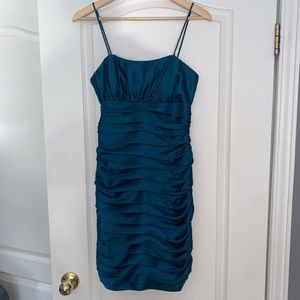 Teal Satin Rouched Mini Dress 2